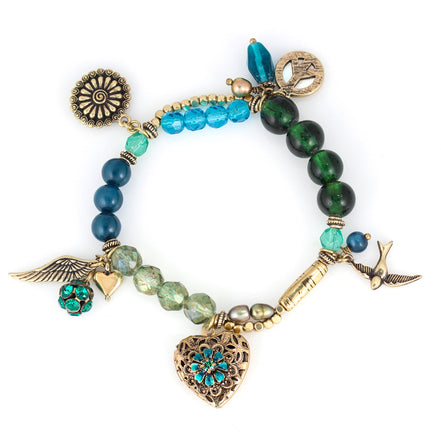 Gold-Tone Metal Charms And Filigree Locket Crystal Stretch Bracelets