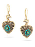 Gold-Tone Metal Heart Filigree Green Crystal Earrings