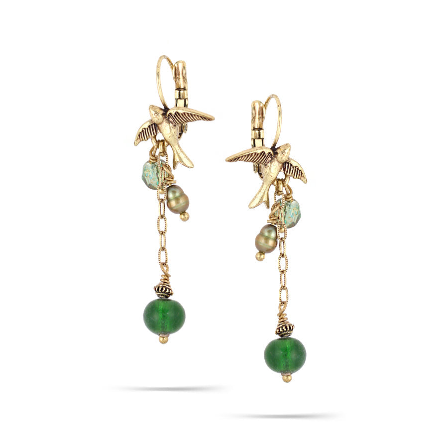 Gold-Tone Metal Green Beads Tassel Earrings