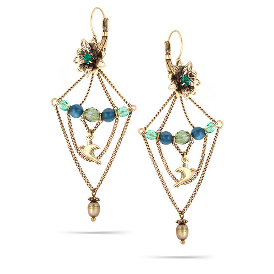 Gold-Tone Metal Flower And Bird Dangle Earrings