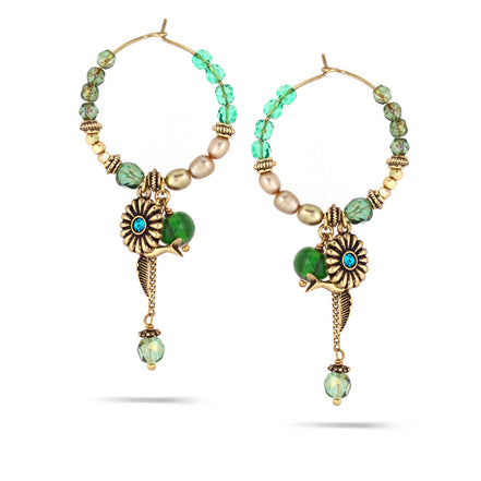 Gold-Tone Metal Pearl And Crystal Charm Hoop Earrings