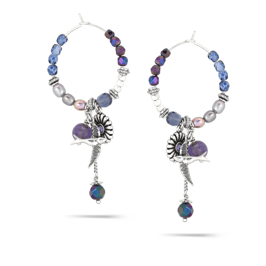 Silver-Tone Metal Pearl And Crystal Charm Hoop Earrings