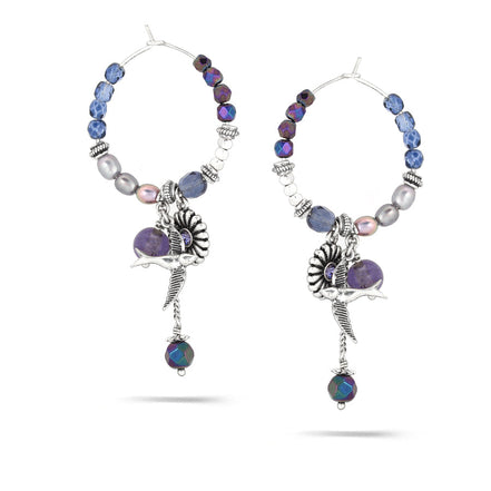 Silver-Tone Metal Pearl And Crystal Charm Hoop Earrings