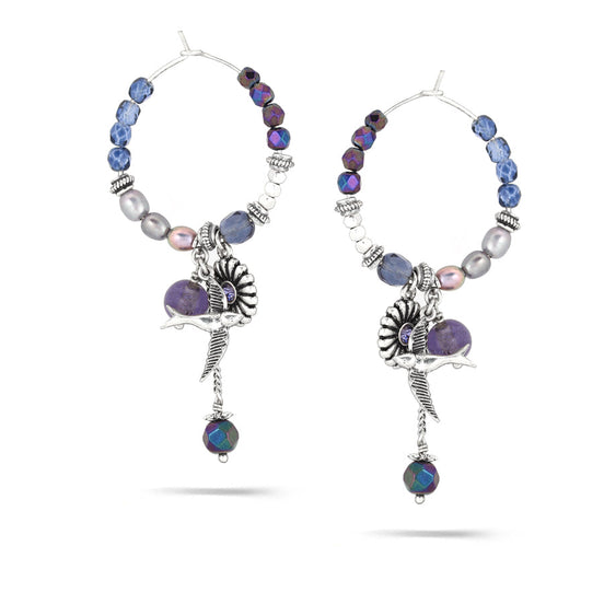 Silver-Tone Metal Pearl And Crystal Charm Hoop Earrings