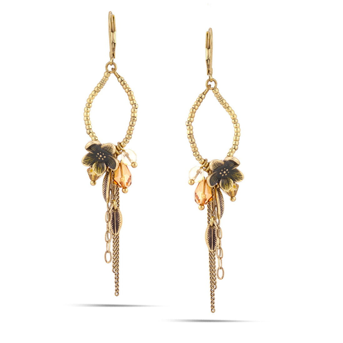 Gold-Tone Metal Flower Crystal Tassel Earrings