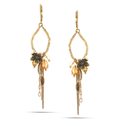 Gold-Tone Metal Flower Crystal Tassel Earrings