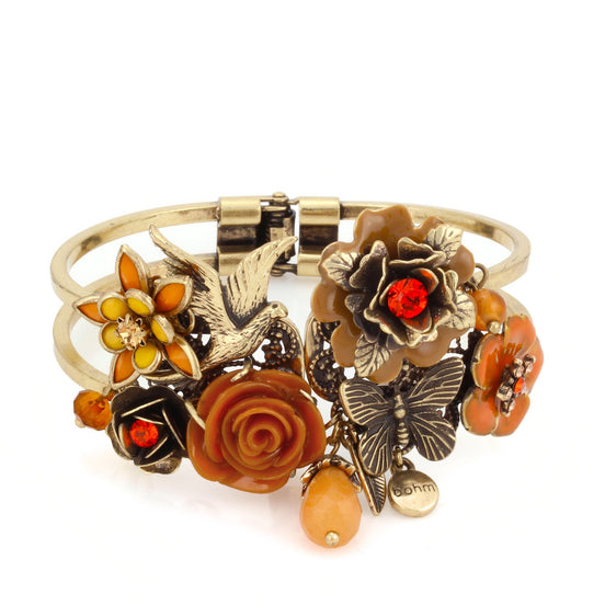 Gold-Tone Metal Orange Flower Butterfly And Bird Hinged Bracelets