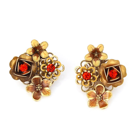 Gold-Tone Metal Cream Flower Crystal Clip On Earrings