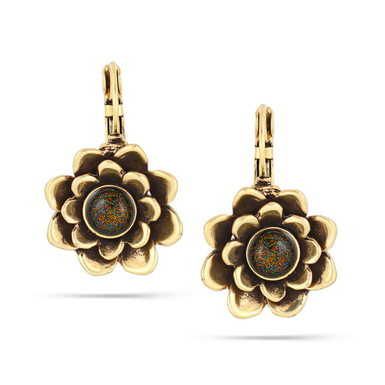 Gold-Tone Metal Flower Glittering Stone Earrings