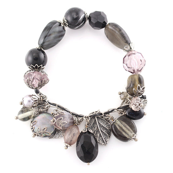 Black And Grey Beads And Pearl Charm Stretch