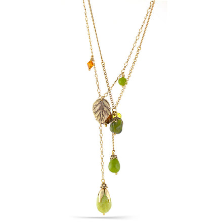 Gold-Tone Metal Olive Stone And Mix Charm Necklace