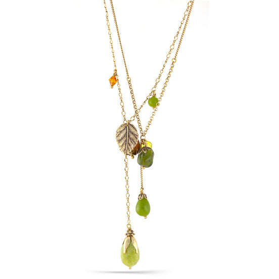 Gold-Tone Metal Olive Stone And Mix Charm Necklace