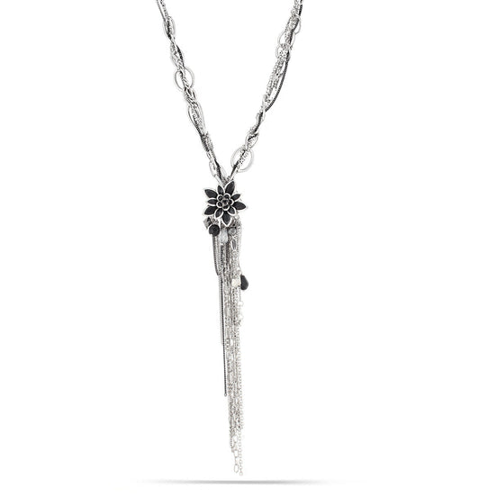 Silver-Tone Metal Black Flower Tassel Necklae