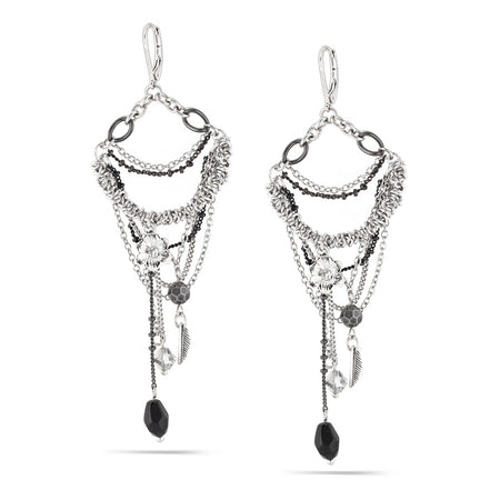 Silver-Tone Metal Black Beads Charm Tassel Earrings