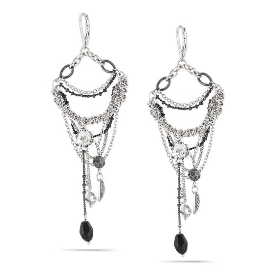 Silver-Tone Metal Black Beads Charm Tassel Earrings
