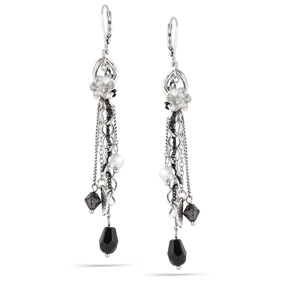 Rhodium-Tone Metal Black Bead Tassel Earrings