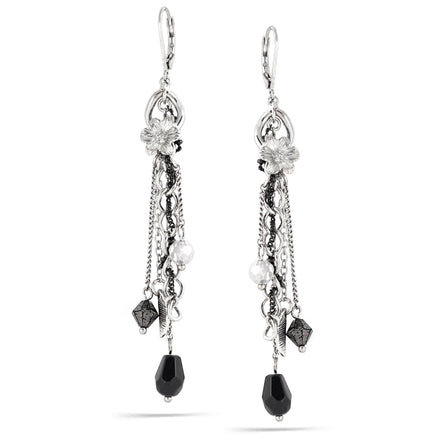Rhodium-Tone Metal Black Bead Tassel Earrings