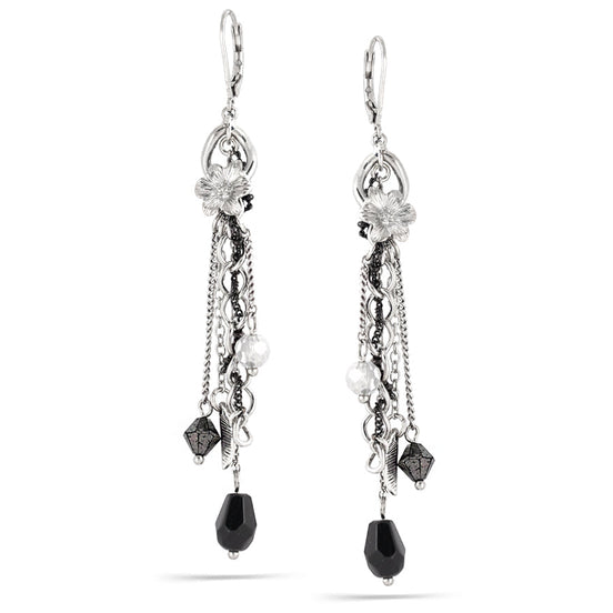 Rhodium-Tone Metal Black Bead Tassel Earrings