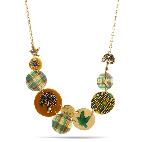 Gold Mother-Of-Pearl Inlaid Bird And Tree Disc Adjustable Length Necklace