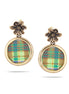 Gold-Tone Metal Mother-Of-Pearl Disc With Plaid Design Earrings