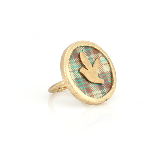 Gold-Tone Metal Mother Of Pearl Disc With Plaid Desigbn Bird Adjustable To Fit Most Sizes Ring