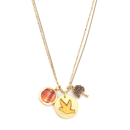 Adjustable Necklace With A Mixed Charm Pendan. This Pretty Necklace Combines An Array Of Different Mediums Including A Framed Iridescent Mother Of Pearl Disc With Plaid Design (1.8Cm/18Mm) Watercolour Enamels, Mother-Of-Pearl Inlaid Bird Disc (2.5Cm/25Mm)