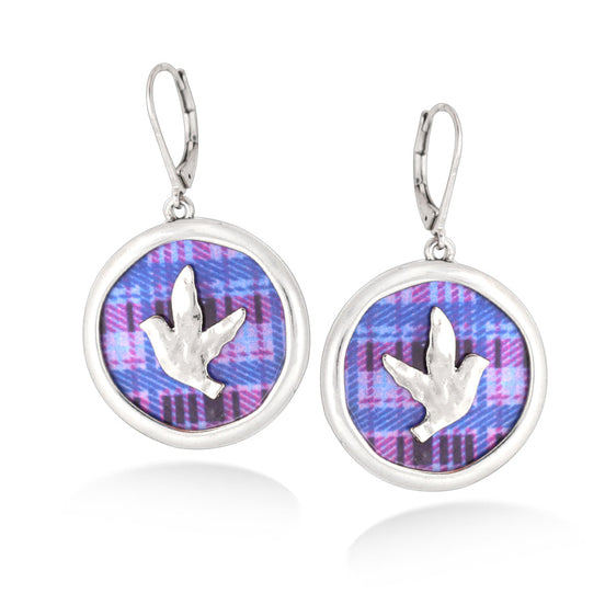 Rhodium-Tone Metal Mother Of Pearl Disc With Plaid Design Earrings
