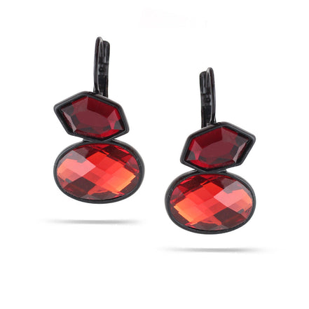 Black -Tone Metal Red Faceted French Clip Earrings