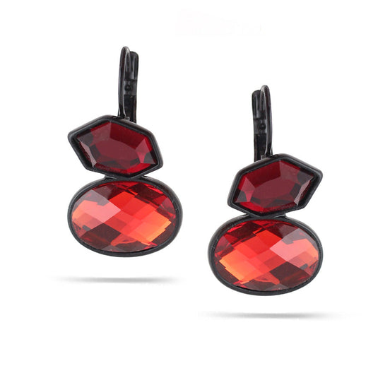 Black -Tone Metal Red Faceted French Clip Earrings