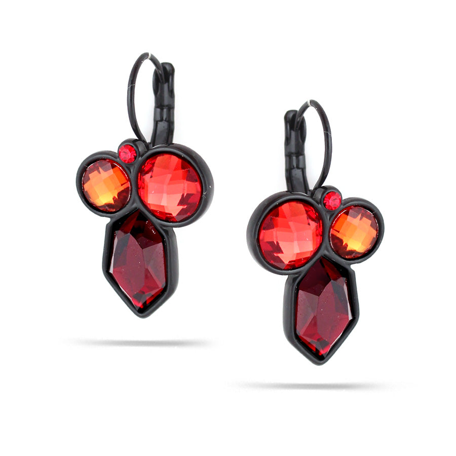 Black -Tone Metal Red Faceted French Clip Earrings