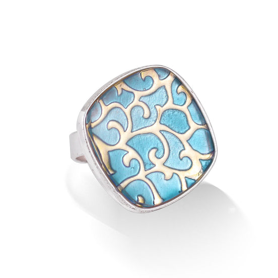 Silve And Gold-Tone Metal Blue Adjustable Up To Size 8 Ring