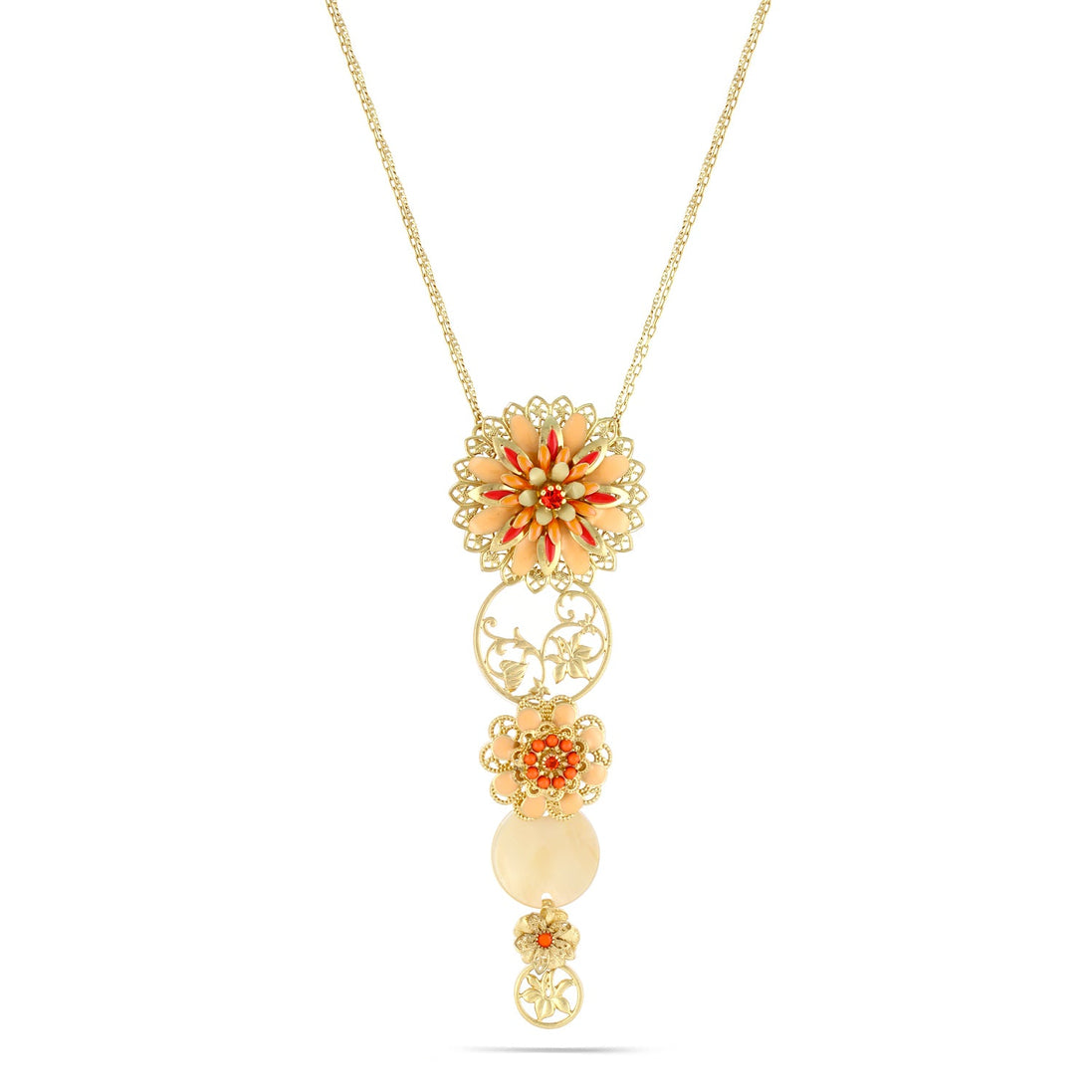 Gold-Tone Metal Coral Peach Enamel Filigree Necklace