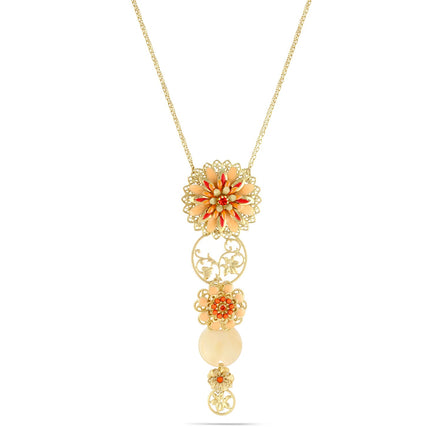 Gold-Tone Metal Coral Peach Enamel Filigree Necklace