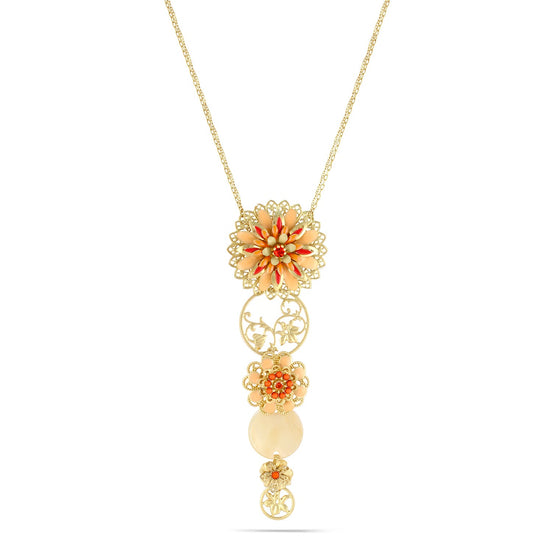 Gold-Tone Metal Coral Peach Enamel Filigree Necklace