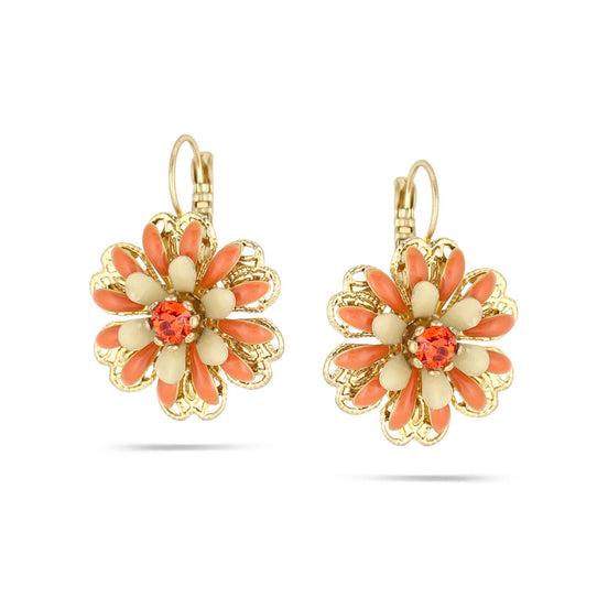 Gold-Tone Metal Peach Cream Flower Drop Earrings