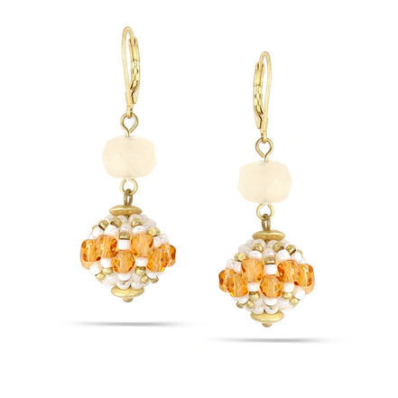 Gold-Tone Metal Peach Cream And White Beads Dangle Earrings