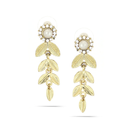 Gold-Tone Metal Leaf Pearl And Crystal Earrings