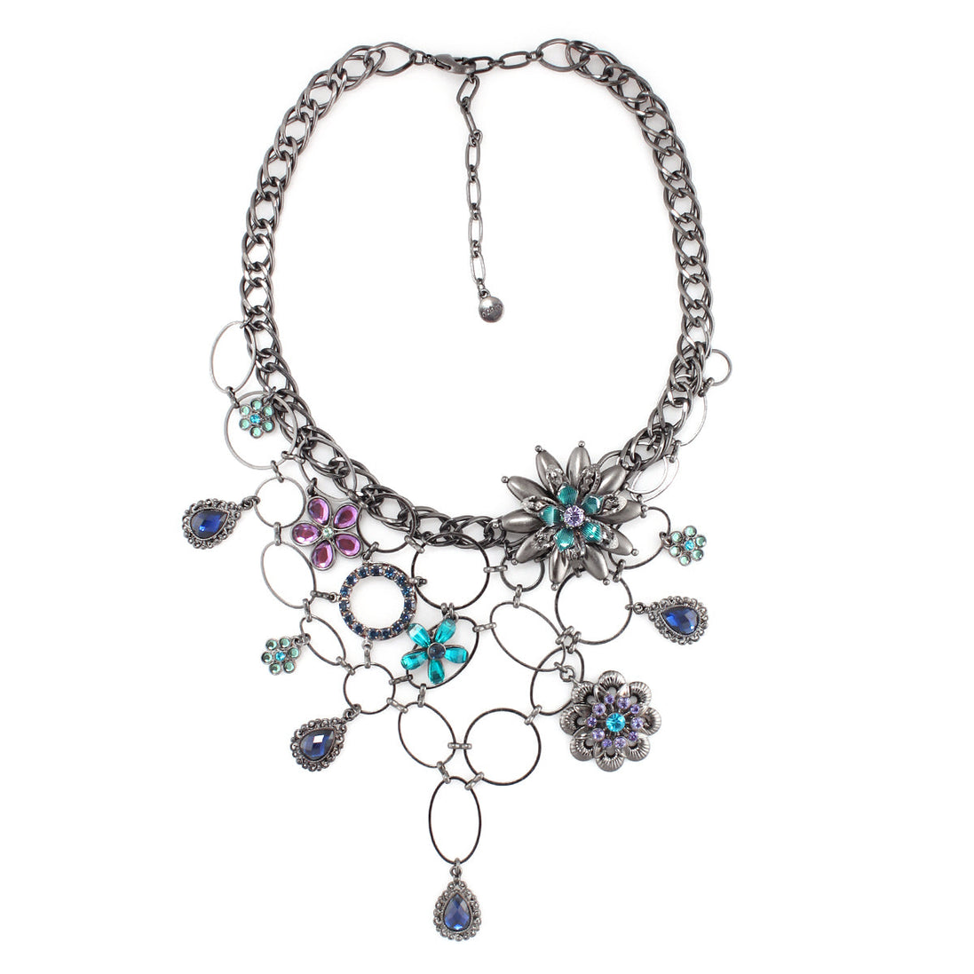 Hematite-Tone Metal Mix Crystal Teardrop Necklace