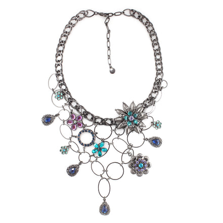 Hematite-Tone Metal Mix Crystal Teardrop Necklace