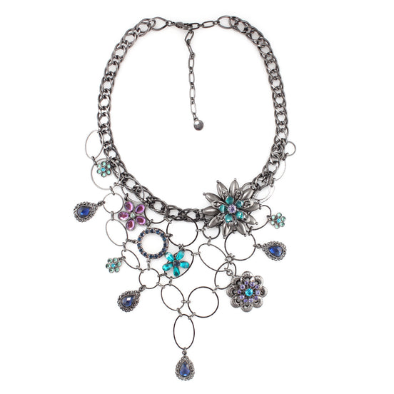 Hematite-Tone Metal Mix Crystal Teardrop Necklace