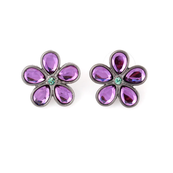 Hematite-Tone Amethyst And Green Crystal Flower Earrings