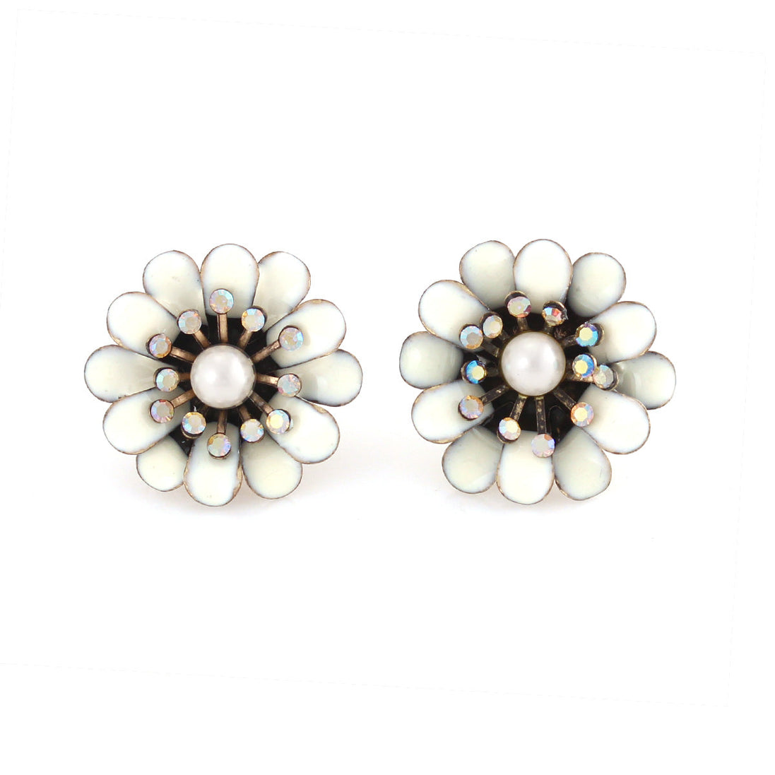 Gold-Tone Metal Cream Enamel Pearl And Crystal Flower Earrings