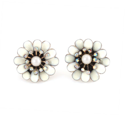 Gold-Tone Metal Cream Enamel Pearl And Crystal Flower Earrings