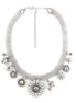 Silver-Tone Metal White Yellow Crystal And Grey Pearl Charms Necklace