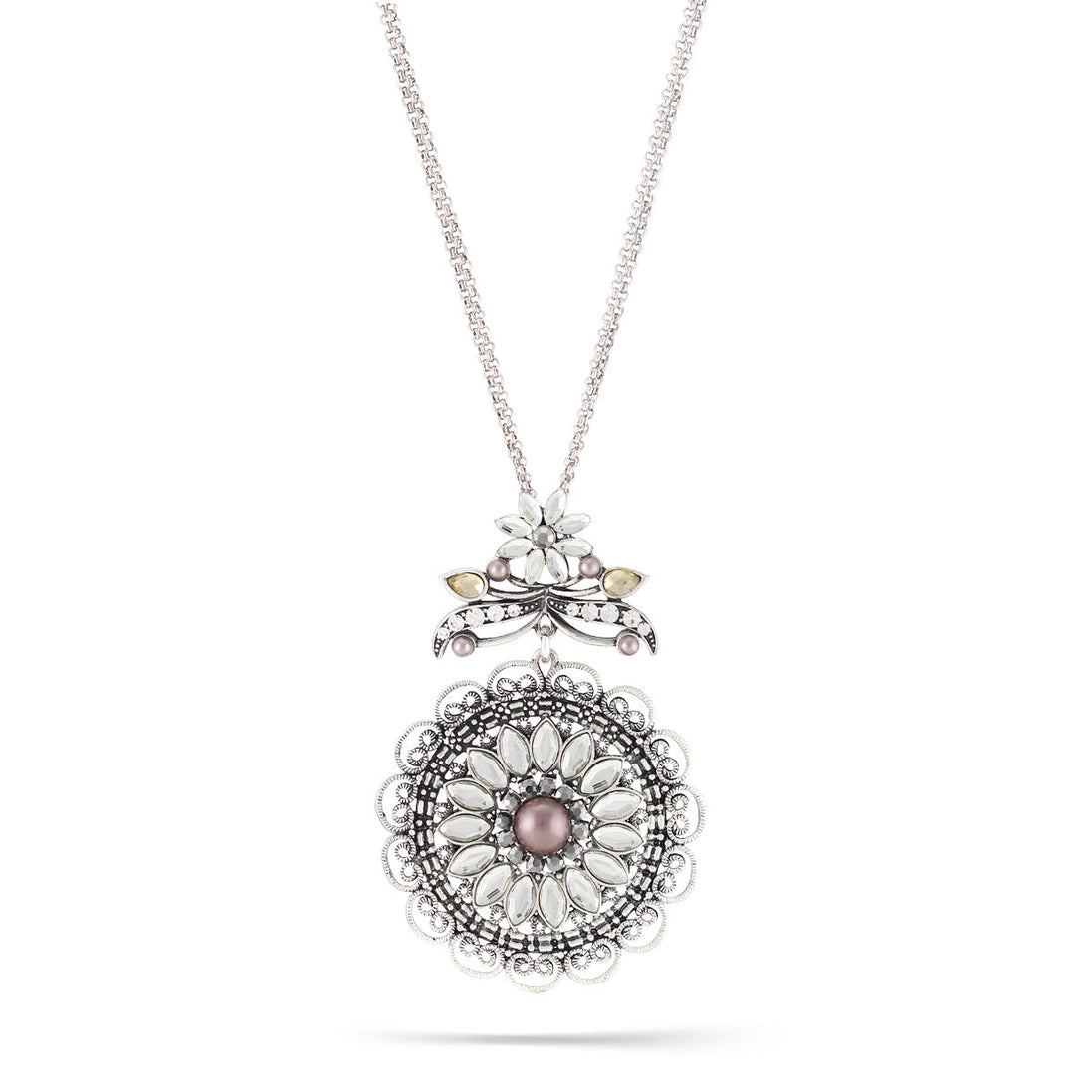 Rhodium-Tone Metal Grey Pearl And White Crystal Filigree Pendant Necklace