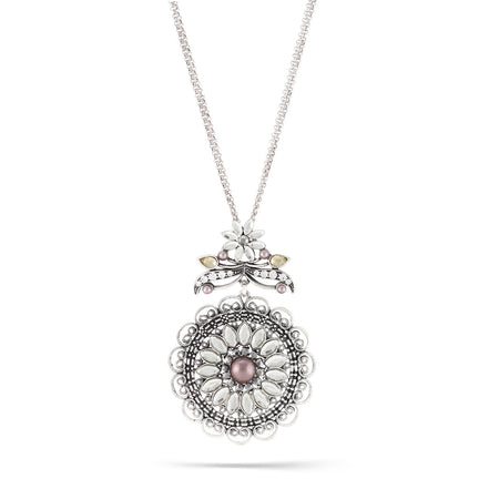 Rhodium-Tone Metal Grey Pearl And White Crystal Filigree Pendant Necklace