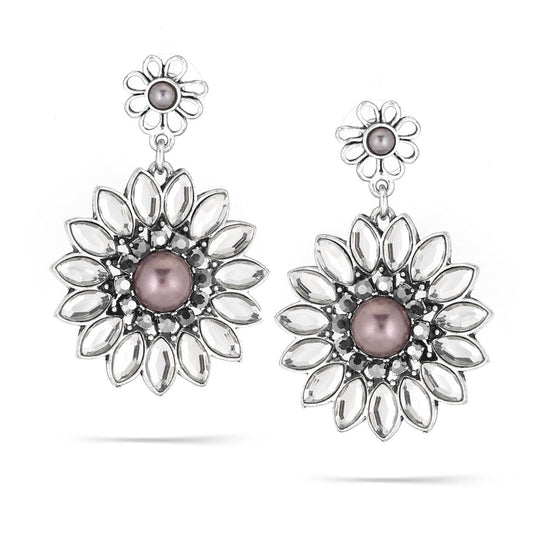 Silver-Tone Metal White Crystal And Grey Pearl Flower Earrings