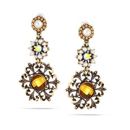 Gold-Tone Metal Yellow Crystal White Simulated Pearl Filigree Drop Earrings