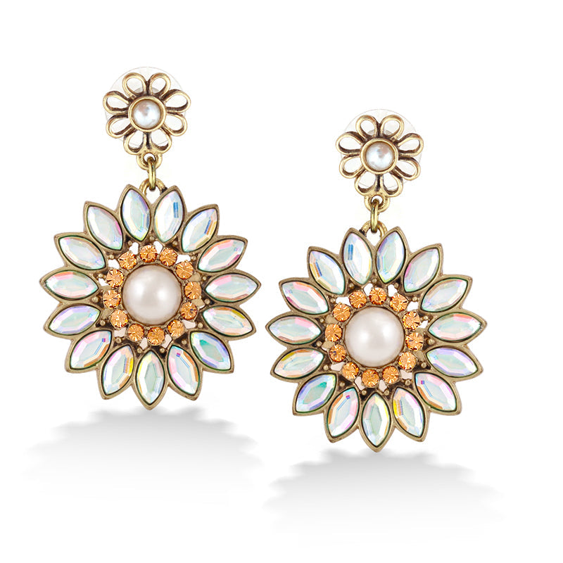 Gold-Tione Metal Crystal And Pearl Flower Drop Earrings