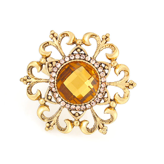 Gold-Tone Metal Filigree Yellow Crystal Ring Adjustable To Fit All Sizes 